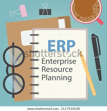 ERP Enterprise Resource Planning written in spiral note, flat lay composition- vector illustration