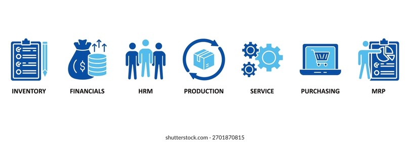Ícone ERP definido Na ilustração vetorial Estilo Azul para o planejamento de recursos empresariais com ícone de inventário, finanças, hrm, produção, serviço, compras e mrp