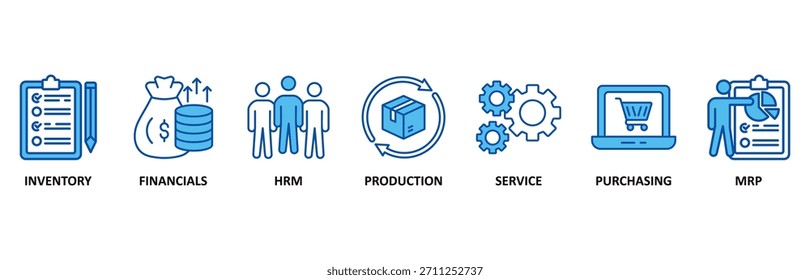 Conjunto de iconos de ERP en Ilustración vectorial de estilo azul para la planificación de recursos de Empresa con el icono de inventario, finanzas, recursos humanos, producción, servicio, compras y mrp