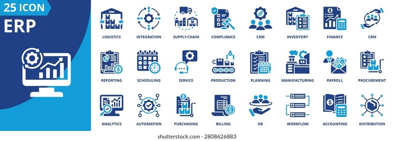 erp icon set collection in flat style. icon pack contain integration, finance, accounting, inventory, procurement, supplychain, logistics, manufacturing, production, billing icon