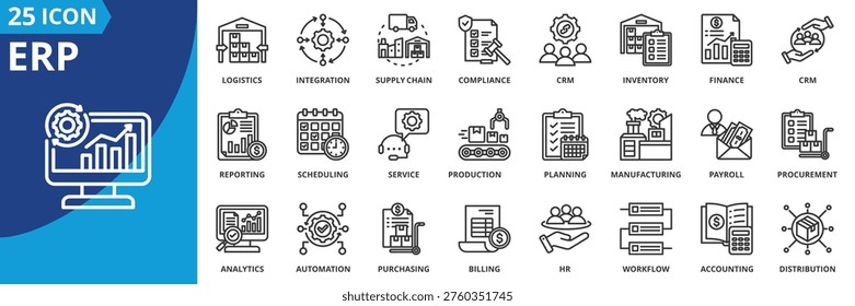 erp icon set collection in outline style. icon pack contain integration, finance, accounting, inventory, procurement, supplychain, logistics, manufacturing, production, billing icon
