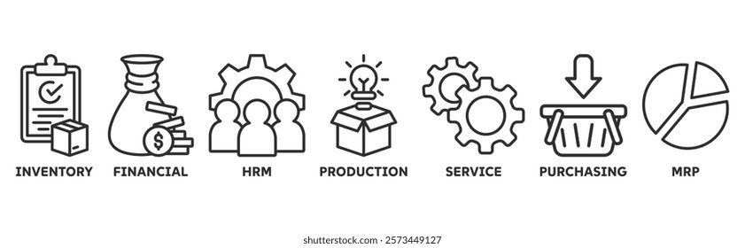 ERP icon set illustration concept for enterprise resource planning with icon of inventory, financials, hrm, production, service, purchasing, and mrp