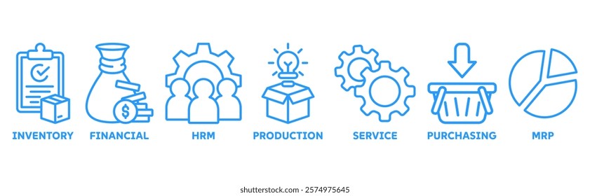 ERP icon set illustration concept for enterprise resource planning with icon of inventory, financials, hrm, production, service, purchasing, and mrp