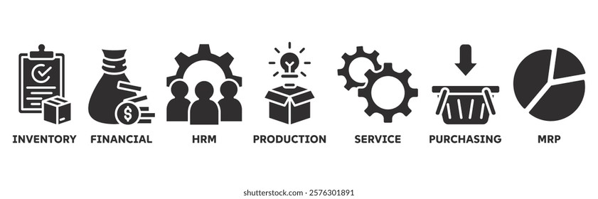 ERP icon set illustration concept for enterprise resource planning with icon of inventory, financials, hrm, production, service, purchasing, and mrp