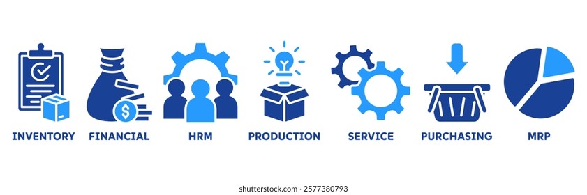 ERP icon set illustration concept for enterprise resource planning with icon of inventory, financials, hrm, production, service, purchasing, and mrp