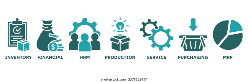 ERP icon set illustration concept for enterprise resource planning with icon of inventory, financials, hrm, production, service, purchasing, and mrp