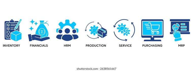 ERP icon set vector illustration concept relate to enterprise resource planning with icon of inventory, financials, hrm, production, service, purchasing, and mrp