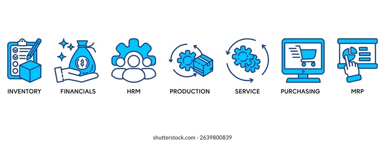ERP icon set vector illustration concept relate to enterprise resource planning with icon of inventory, financials, hrm, production, service, purchasing, and mrp