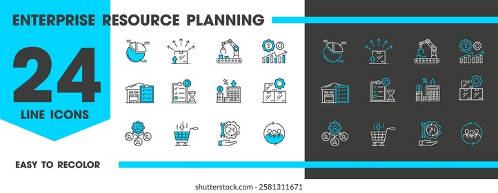 ERP line icons. Enterprise Resource Planning software system vector outline symbols of manufacturing, supply planning, sales and marketing, distribution, accounting, logistics and warehouse management