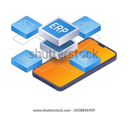 ERP management smartphone control infographic 3d illustration flat isometric
