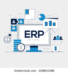 ERP modules around computer monitor. Concept of using ERP tools, growing business, conversion and sales. Flat vector illustration