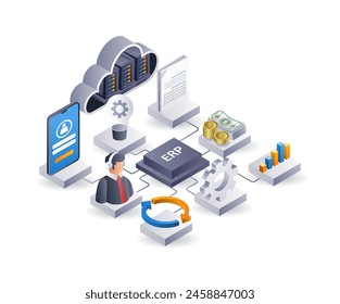 ERP network business technology system, infographic 3d illustration flat isometric