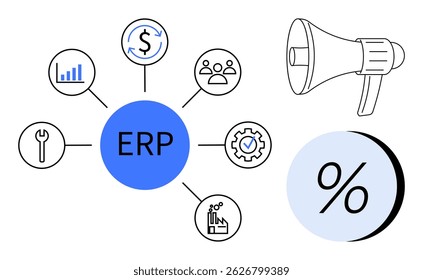 ERP represented in a blue circle connected to icons for finance, personnel, analytics, marketing, tools, and automation. Ideal for business management, finance, HR, marketing, engineering