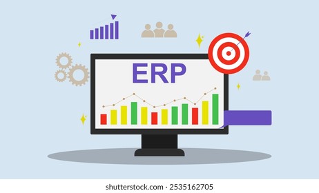 ERP Software Enterprise resource planning system concept for business operations efficiency with monitor. Vector illustration