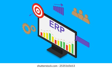 Software ERP, planejamento de recursos empresariais com monitor isométrico em fundo azul. Produtividade, análise de dados, alvo do dardo e equipe. Ilustração vetorial