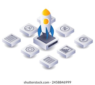 Ilustración plana isométrica de la tecnología de red empresarial de inicio ERP