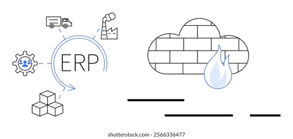 ERP system circular graphic with gear icon, truck, factory, and boxes. Adjacent cloud with water drop. Ideal for business management software, logistics, inventory, manufacturing processes, and data