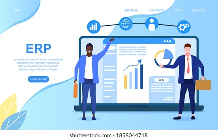 ERP system concept. Enterprise Resource Planning system on virtual AR screen with connections between business intelligence BI, production, HR and CRM modules. Flat cartoon vector illustration