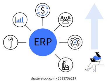 ERP system concept represented with icons including growth graph, dollar sign, user group, wrench, factory, and gear. Ideal for business management, financial planning, operations, productivity, HR