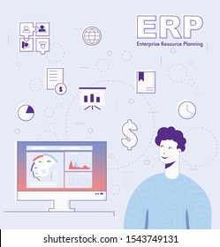 ERP system - illustration with smiling curly guy and icons of basic system modules. Flat vector 