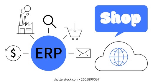 ERP system interconnected with factory, magnifying glass, shopping cart, dollar sign, email, cloud, and shop sign. Ideal for business, logistics, e-commerce, cloud computing, digital marketing