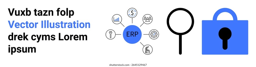 Ícones interconectados do sistema ERP acompanhados por uma lente de aumento e trava de segurança. Ideal para planejamento de recursos empresariais, segurança de dados, ferramentas de análise, soluções de TI, segurança digital, negócios