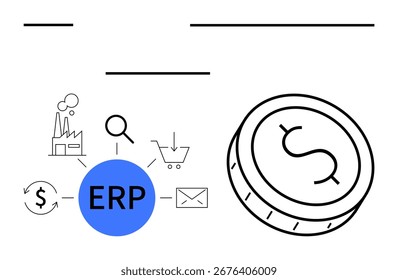 ERP system represented with icons indicating industry, finance, purchasing, and communication, connected with a central ERP node and magnifying glass. Ideal for business management, finance
