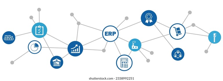 ERP vector illustration. Concept with connected icons related to enterprise resource planning software, system or interface, company management resources and corporate information or strategy.