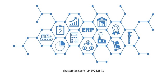 Ilustración vectorial ERP. Concepto con iconos conectados relacionados con el software de planificación de recursos empresariales, el sistema o la interfaz, los recursos de gestión de la empresa y la información o estrategia corporativa