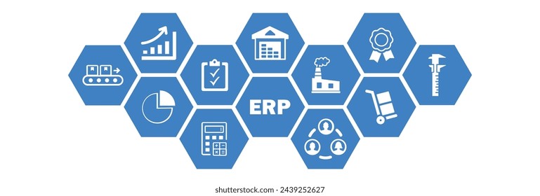 ERP vector illustration. Concept with connected icons related to enterprise resource planning software, system or interface, company management resources and corporate information or strategy