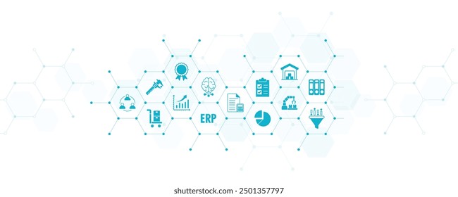 ERP-Vektorgrafik. Konzept mit Symbolen, die sich auf Software, System oder Schnittstelle für die Enterprise-Ressourcenplanung beziehen; Verwaltung von Unternehmens- oder Organisationsressourcen sowie von Unternehmensinformationen oder -strategien.