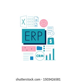 ERP word surrounded by composition of different icons - CRM, sales, customers, graphs. 