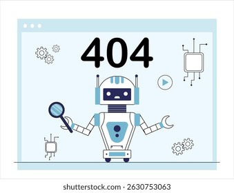 Error 404 bot. Robot with magnifying glass near chips. Oops, sorry page not found. Design element for website. User experience and webpage interface. Linear vector illustration