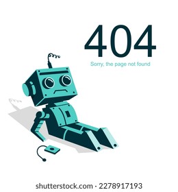 Error 404, broken robot as a non-working page symbol. Sorry, page not found. Not internet. Template for web and design. Vector illustration flat design. 