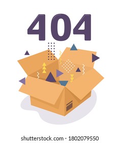Error 404. Cardboard box with memphis-style figures. Vector illustration of web error in flat style.