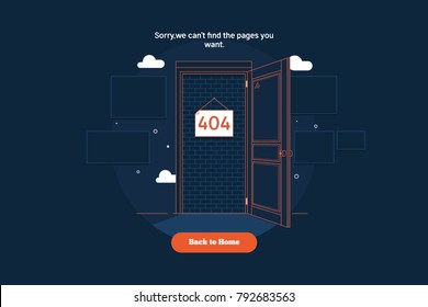 Error 404 concept with blocked door concept.Thin line colorful flat vector illustration