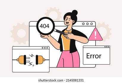 Error 404 concept. Girl with magnifying glass looks at browser tabs. Wrong link or technical work on Internet, page design. Digital world and modern technologies. Cartoon flat vector illustration