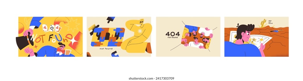 Error 404 concept set. Mistakes on website. Web page not found warning. Broken webpage access. Problems with internet connection. Alert about wrong online address of site. Flat vector illustrations