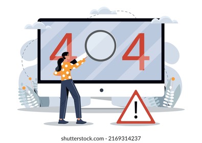 Error 404 Concept. Technical Support, Modern Technologies And Digital World. Woman Cannot Find Page On Internet, Link To Website Wrong. Programmer Fixes Bugs In Code. Cartoon Flat Vector Illustration