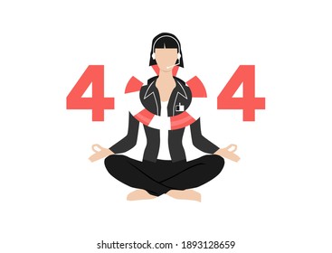 Error 404 concept. Woman sitting in a lotus position with lifebuoy. Flat vector.