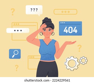 Error 404 concept. Young girl on background of pages of website. interface development for programs and applications, graphic designer and remote worker, freelancer. Cartoon flat vector illustration