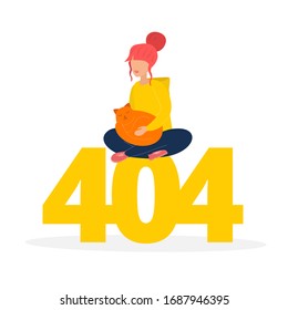 Error 404. Design concept for web sites and applications. The girl sits in a lotus position and holds on her lap red cat. Modern vector illustration.