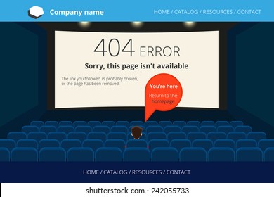 Error 404 design in the empty cinema. Text is outlined. Free font Open Sans