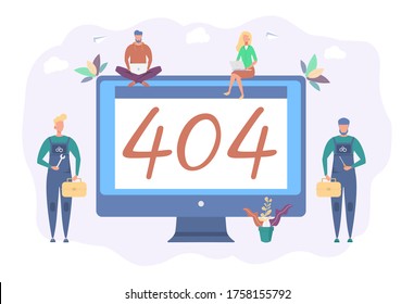 Error 404, disconnected from the Internet, not available. People connect to the internet. Colorful vector illustration.