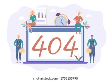 Error 404, disconnected from the Internet, not available. People connect to the internet. Colorful vector illustration.