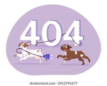 Error 404 with dogs. Page not found. Troubles at website. Broken link and technical problems. Banner for webpage. Cartoon flat vector illustration isolated on white background