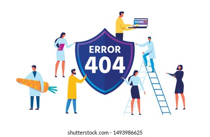 Error 404 Emblem and Cartoon People Characters Different Profession in Uniform and Informal Clothes. Page Not Found on Computer or Laptop Browser. Technical Mistake. Vector Flat Illustration