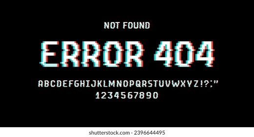 Error 404 with glitch effect pixel type font. Error 404 page not found alphabet. Glitch effect 8-bit pixel font. Vector template