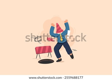 Error 404, Human Error. A humorous illustration featuring a character in formal attire with a traffic cone on their head, reacting with urgency to an imminent hazard.