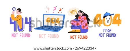 Error 404 illustrations in retro cartoon style. Funny characters with laptops, magnifiers and web symbols showing page not found, modern UI design concept, funky doodle composition, trendy shapes